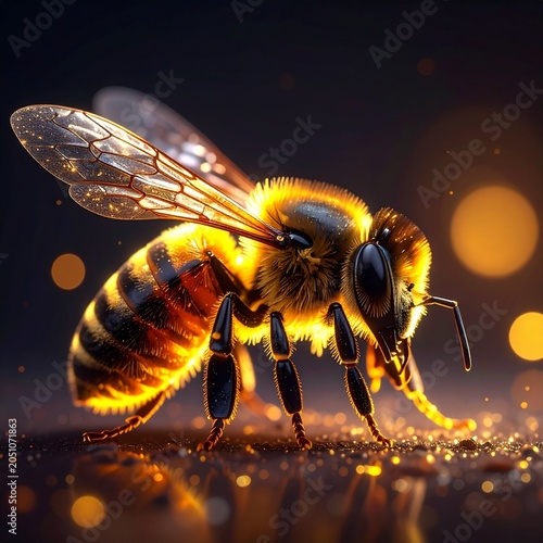 Detailed Firefly Bee in full-body view featuring ultra-sharp focus on compound eyes, fine hairs, and translucent wings with natural realism