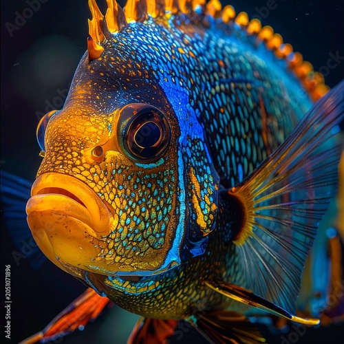 Ultra-detailed Firefly Angelfish in a full-body composition, revealing shimmering scales, delicate fin structures, and lifelike textures through hyper-macro photography