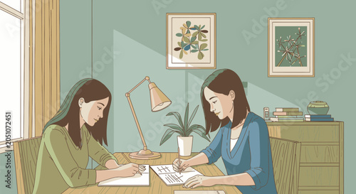 Two young women sitting at a table studying together at home.