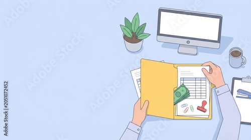 View of office desk with hands holding yellow folder containing money and financial documents