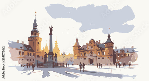 Watercolor illustration of the historic town square with ornate buildings and a monument.