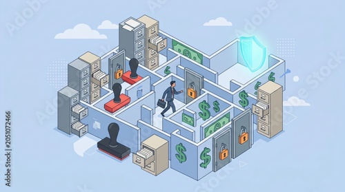 Walking through an isometric office maze with filing cabinets and glowing security shield labyrinth