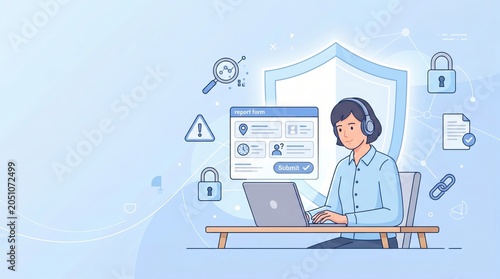 Woman using laptop for data security reporting with digital shield and privacy protection