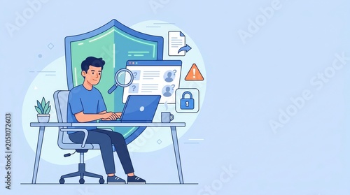 Young man working on laptop computer with cybersecurity shield and digital data protection symbols concept