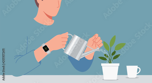 A man watering a houseplant with a small metal watering can.