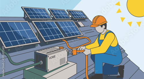 Technician installing solar panels on residential roof.