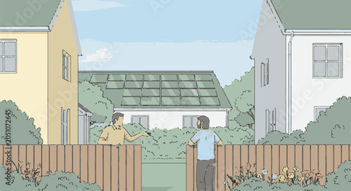 Two neighbors talking over a wooden fence in a residential garden area.