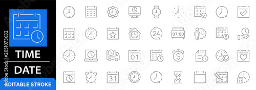 Time and date line icon set. Calendar schedule, clock, alarm, hourglass and deadline management outline symbols. Editable stroke