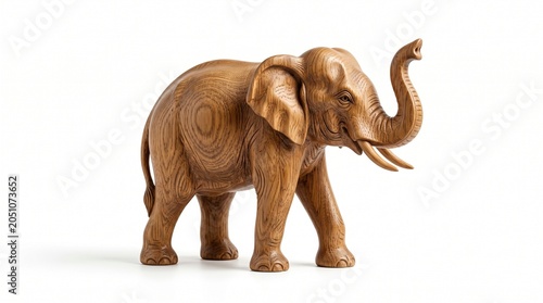 Wooden Elephant Figurine with Trunk Raised on White Background