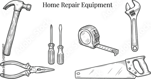 Fotografija Home repair tools, including hammer, wrench, pliers, screwdrivers, tape measure,