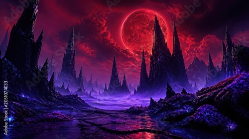 Mystical alien landscape with jagged obsidian spires rising from a luminous purple lake under a bloodred moon and swirling crimson clouds, epic cinematic panorama