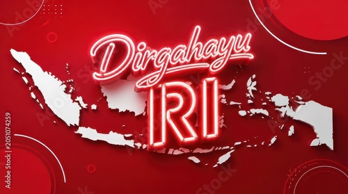 Vibrant Neon Sign Celebrating Indonesian Independence Day Over a Stylized Map of Indonesia, Representing National Pride and Unity