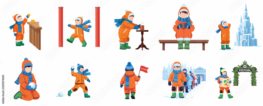 Fototapeta premium Set of flat vector illustrations of a child in orange winter jumpsuit enjoying various activities at a winter festival outdoor.