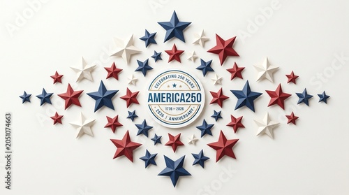 America250 anniversary background with folded paper stars arranged symmetrically around a simple milestone emblem