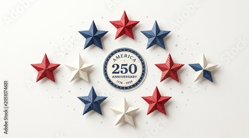 America250 anniversary background with folded paper stars arranged symmetrically around a simple milestone emblem