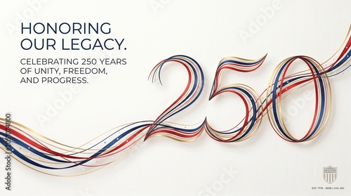 Clean patriotic design featuring thin ribbon lines forming a subtle 250 shape across a bright neutral canvas