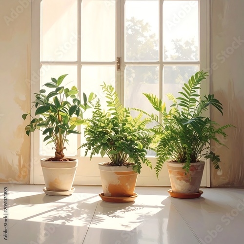 Three Potted Plants in Sunny Room.