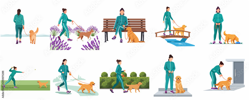 Fototapeta premium Flat vector illustration set of a woman in a tracksuit walking, playing, and caring for her golden retriever dog in various outdoor settings