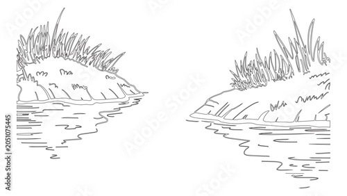Foto Hand drawn river bank sketch showing grass and water reflections in minimalist line style