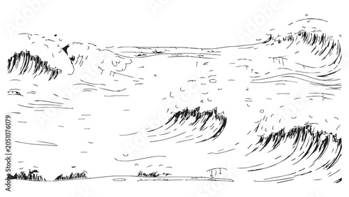Vászonkép Energetic ocean waves and sea foam in sketch style, artistic rendering