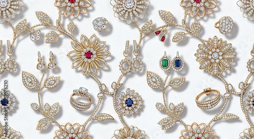 Seamless pattern of gold jewelry with precious stones.