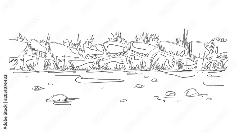 Fototapeta premium Stones and grass outline doodle drawing, black and white sketch art, seamless border pattern.