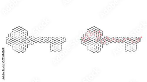 Key hex labyrinth with answer. Old key shaped hexagonal maze puzzle, black and white flat vector illustration