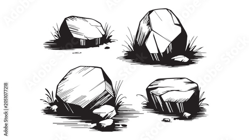 Photos Sturdy rock boulders with grass hand drawn sketch vector set isolated on transparent background