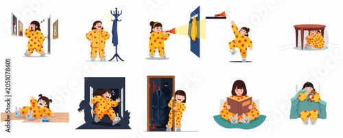 Foto Little girl in yellow pajamas bedtime routine and night fears collection, cute child character experiencing sleepwalking, hiding from shadows, reading stories, and sleeping with teddy bear
