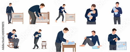 Tableau sur toile Father Caring for Newborn Baby Illustrations Set: Parenting, Feeding, Changing D