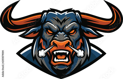 Photography Angry bull head with sharp horns and baseball bat in mouth isolated on white bac