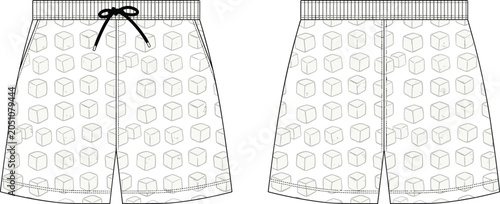 Foto Technical of white shorts with cube pattern, front and back view technical fashi