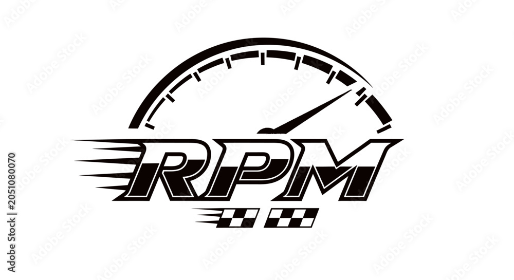 Obraz premium Dynamic RPM logo with speedometer and racing flag elements.