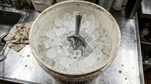 Dirty Bucket Filled with Ice Cubes and Metal Scoop in Kitchen