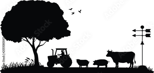Cuadro en lienzo Rural Farm Scene Silhouette with Cow Pig Tractor Farmer Tree and Weather Vane La