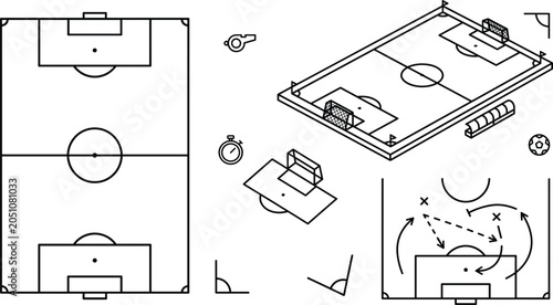 Fotografía Soccer football field line icon set featuring isometric pitch tactical strategy