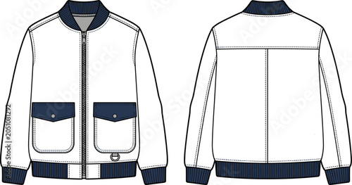 Fotografía White bomber jacket with navy blue accents, front and back views front view