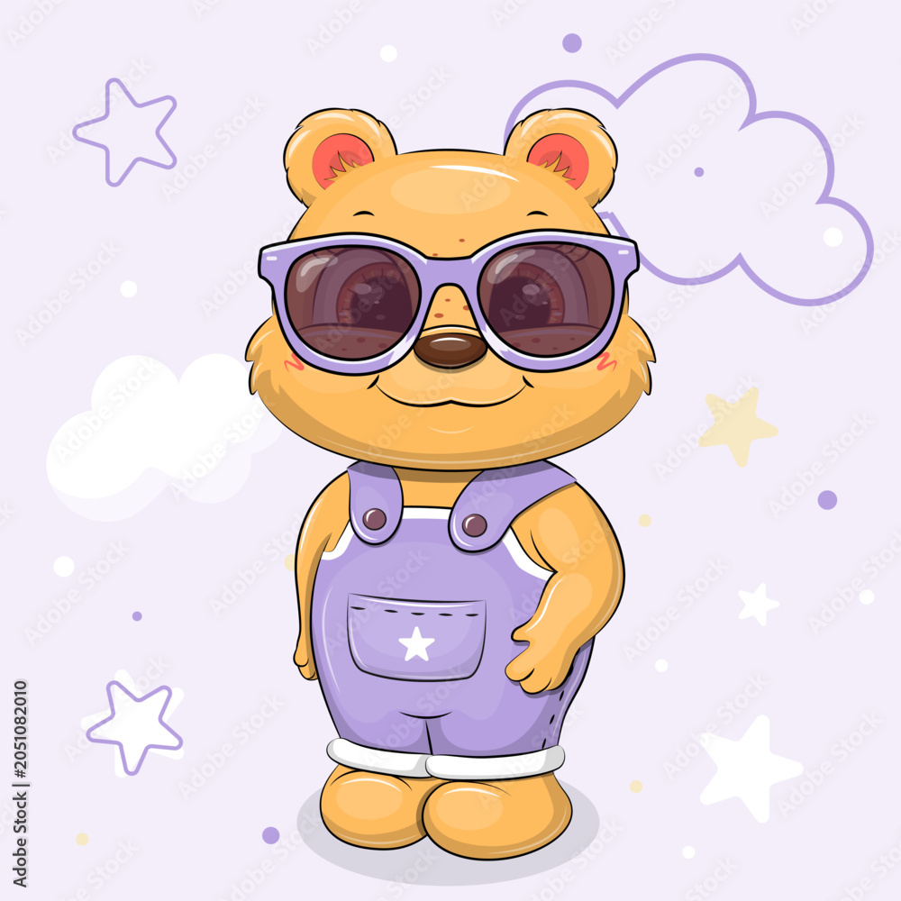 Naklejka premium Adorable Cute Cartoon Bear with lilac sunglasses. Vector illustration of the animal on lilac background with stars and clouds.