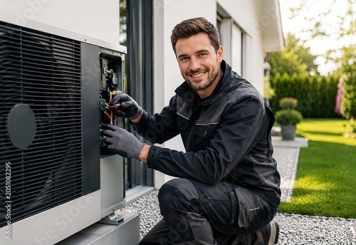 Technician works on air conditioning unit outside a modern home in the afternoon sunshine, focusing on details and tools in hand