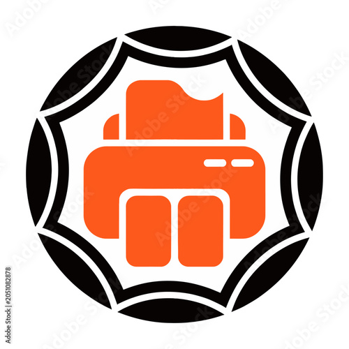 Sleek vector graphic displays an orange printer icon inside a stylized circular badge with a bold geometric border design