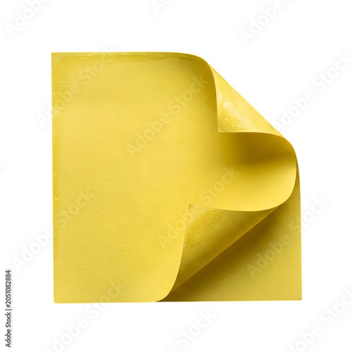 Yellow paper sheet with curled corner isolated on transparent background