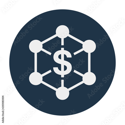 Sleek vector of network of interconnected nodes featuring a dollar sign symbol in the center.