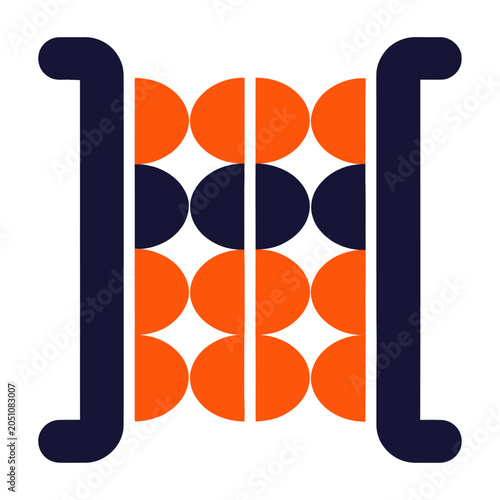 Stylish vector logo featuring bold letters framing a pattern of orange and navy circles arranged in a grid design.