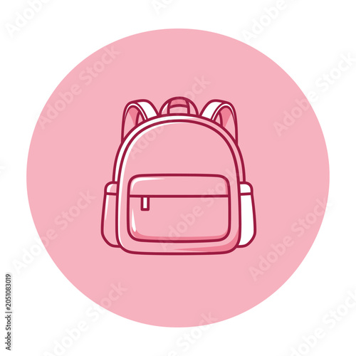 Clean vector of a stylish backpack with dual straps and a main compartment set against a soft pink circular background
