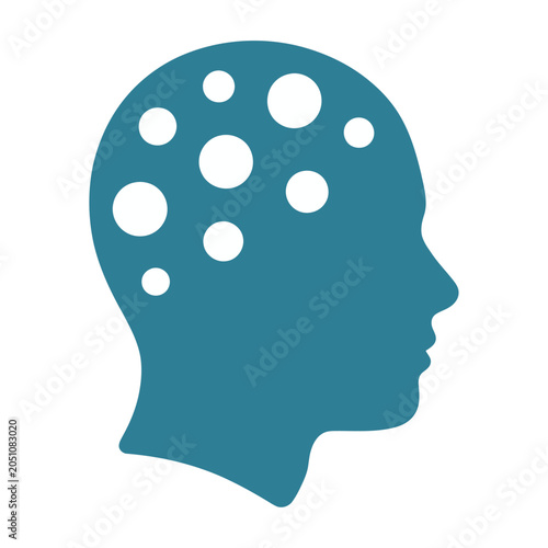 Sleek vector of a human head silhouette featuring white circular nodes representing brain activity or neural connections