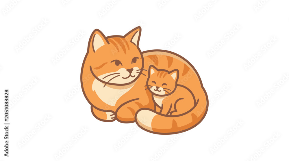 Obraz premium Cute orange tabby cat mother and kitten hugging, warm family bond, vector illustration