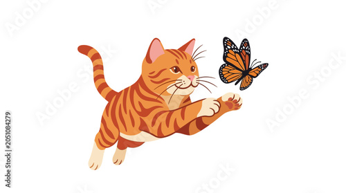 Orange tabby cat playfully chasing a monarch butterfly on a white background