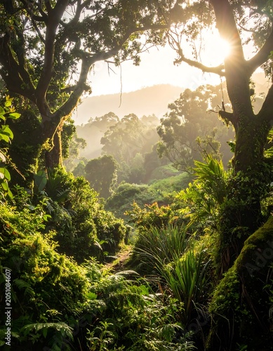 Tropical forest landscape with sunlight filtering through trees.