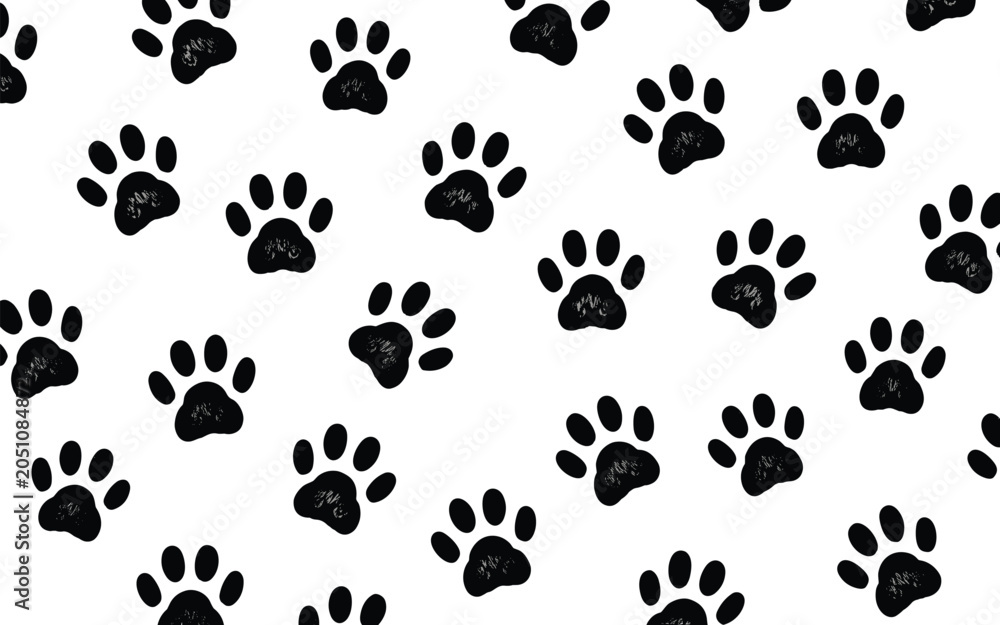 Fototapeta premium Playful seamless pattern of hand-drawn black dog paw prints with a chalky texture on a clean white background for branding.