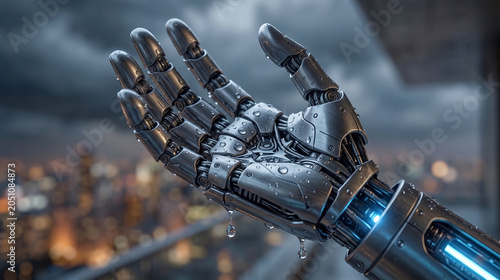 Metallic robotic hand catching raindrops against blurred cyberpunk city skyline, artificial intelligence and future tech.